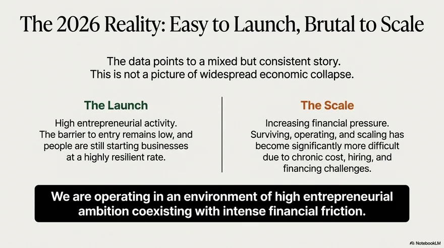 The 2026 Reality: Easy to Launch, Brutal to Scale — high entrepreneurial activity vs increasing financial pressure to operate and grow