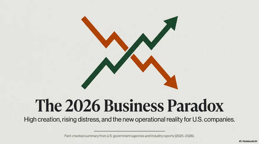 The 2026 Business Paradox: two crossing arrows showing high creation and rising distress