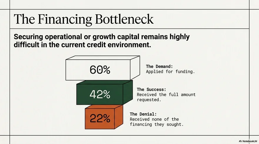 The Financing Bottleneck: 60% of businesses applied for funding, only 42% received the full amount, 22% received nothing